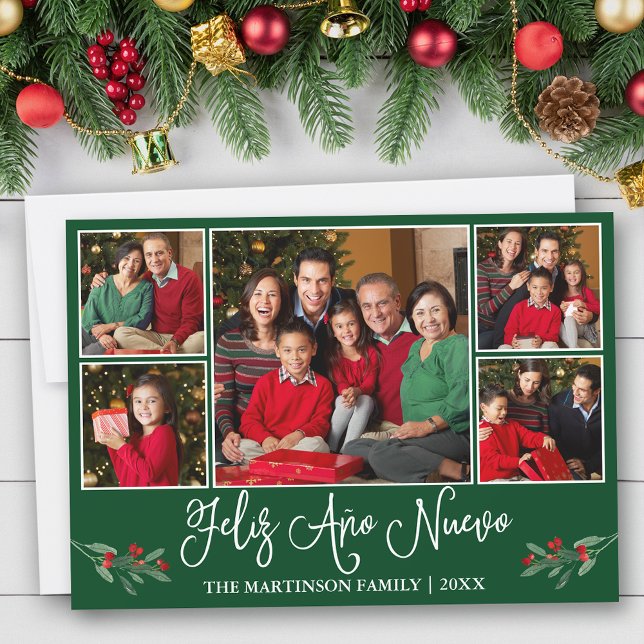 Cartão De Festividades Caligrafia divertida Feliz Ano Nuevo Green 5 Foto (Customize to add text to back of card.)