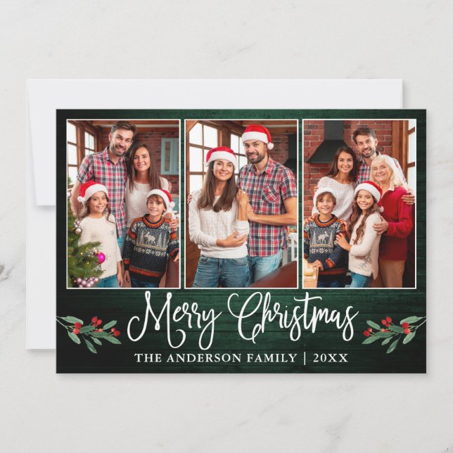 Cartão De Festividades Caligrafia divertida Foto de Natal Holly Green Woo (Frente)