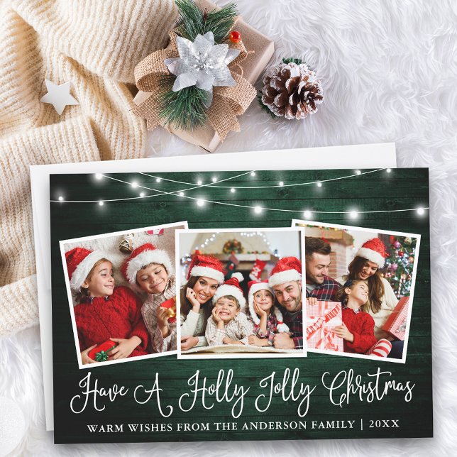 Cartão De Festividades Caligrafia divertida Holly Jolly Natal Green Wood (Customize to add text to back of card.)