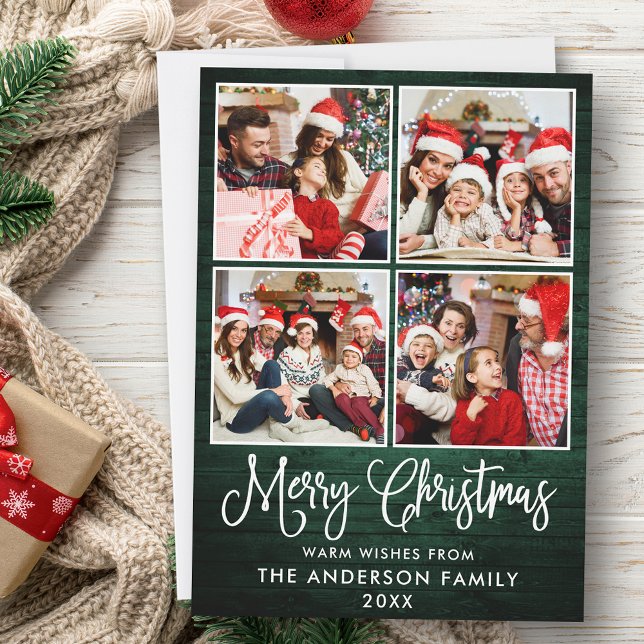 Cartão De Festividades Caligrafia Divertida Madeira Verde de Natal 4 Foto (Customize to add text to back of card.)