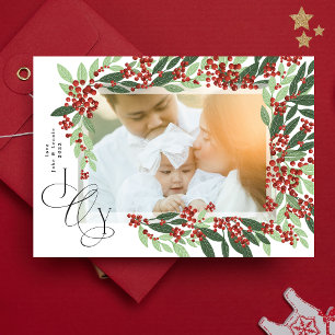 Cartão De Festividades Caligrafia Elegante JOY Foto Botânica de Natal