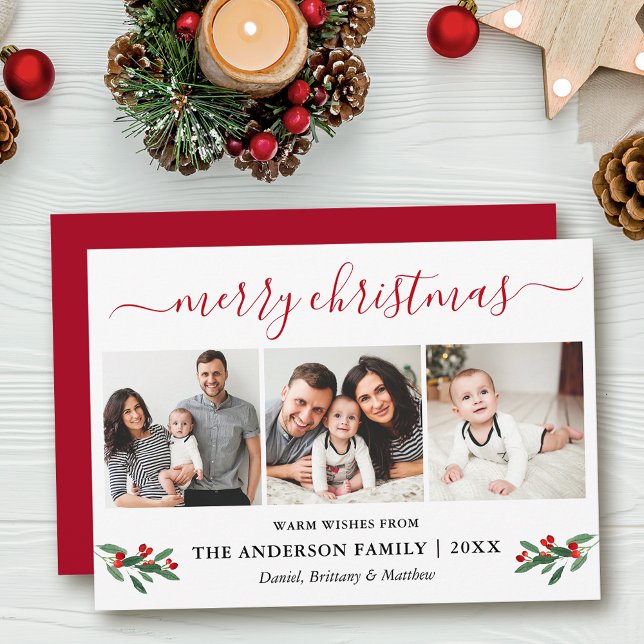 Cartão De Festividades Caligrafia Feliz Natal 3 Foto Red Holly (Customize to add text to back of card or to change color of back of card.)