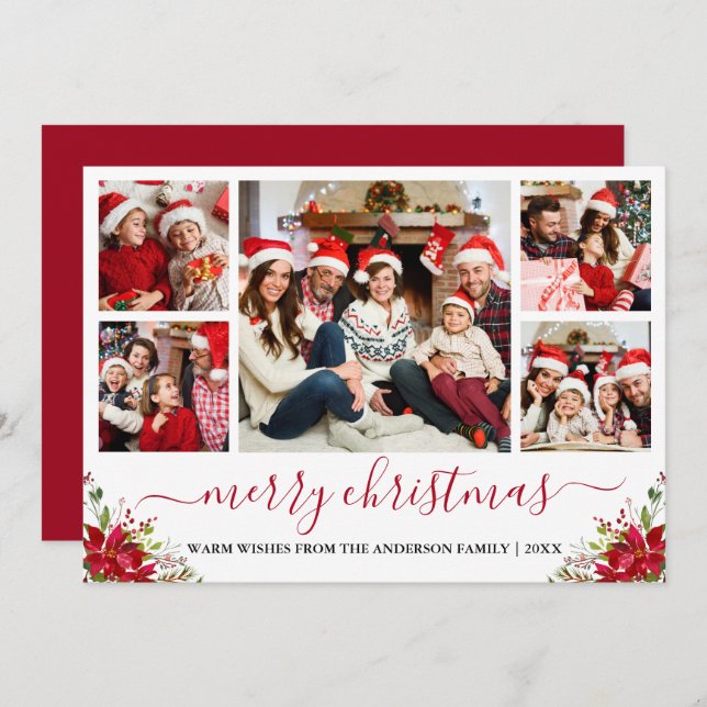 Cartão De Festividades Caligrafia Feliz Natal 5 Foto Poinsettia (Frente/Verso)