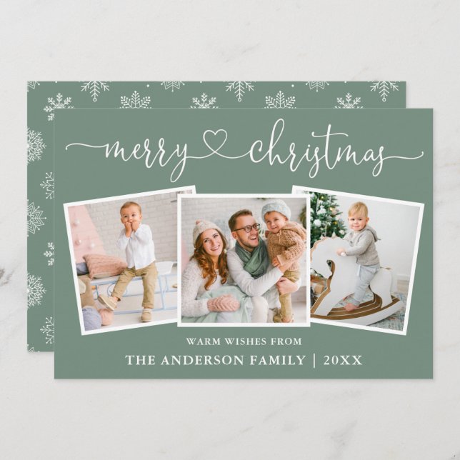 Cartão De Festividades Caligrafia Flocos de Neve Sage Verde 3 Foto (Frente/Verso)