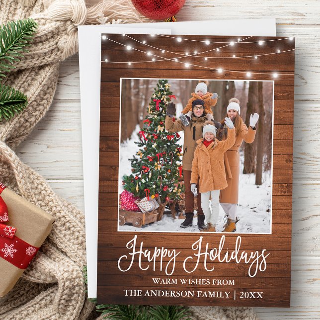 Cartão De Festividades Caligrafia Foto das Luzes Rústicas de Madeira (Customize to add text to back of card.)
