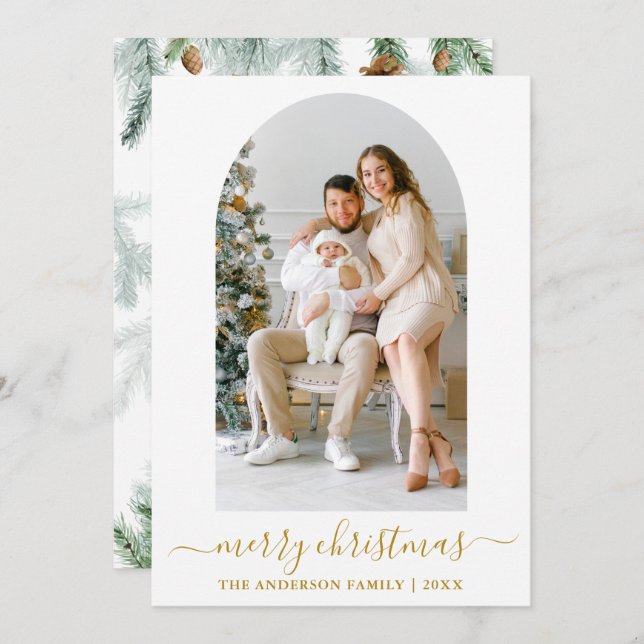 Cartão De Festividades Caligrafia Fotografia Arch Watercolor Pine Dourado (Frente/Verso)