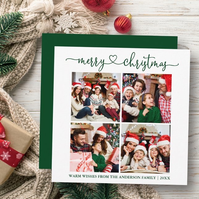 Cartão De Festividades Caligrafia Heart Christmas 4 Photo Green Square (Customize your change your personalized text size or text style.)
