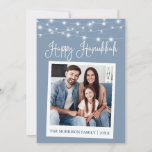 Cartão De Festividades Caligrafia Ilumina Câmera Instantânea Foto Chanucá<br><div class="desc">Script de caligrafia divertida moderna,  Estilo de Câmera Instantâneo Foto Feliz Cartão Hanukkah - Azul Dusty com Luzes de Cordas</div>