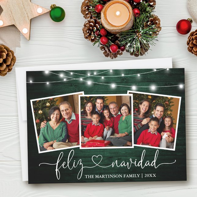 Cartão De Festividades Caligrafia Luzes de Madeira Verde Feliz Navidad (Customize to add text to back of card.)