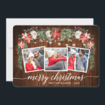 Cartão De Festividades Caligrafia Madeira 3 Fotografia Watercolor Winter<br><div class="desc">Roteiro Elegante Moderno de Caligrafia,  Watercolor Winter Floral,  String Lights Casal 3 Foto Merry Christmas Card inclui poinsettias vermelhas com aquarelas,  rosas brancas,  groselhas ocas,  cones de pínus e folhagem botânica verde. Madeira russa do campo.</div>
