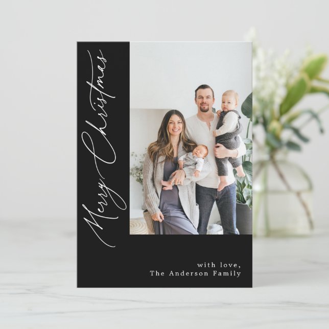 Cartão De Festividades Caligrafia manuscrita Foto de Natal Preto (Em pé/Frente)