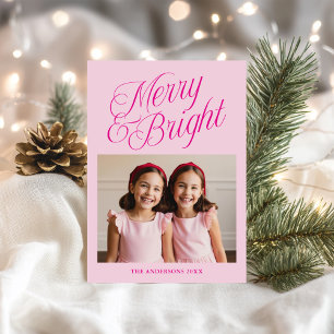 Cartão De Festividades Caligrafia Merry & Bright Rosa Foto