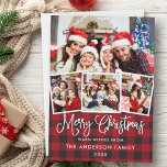 Cartão De Festividades Caligrafia Moderna 4 Foto Xadrez Vermelha de Natal<br><div class="desc">Roteiro de Caligrafia Moderna 4 Foto Feliz Cartão da Família de Natal - Xadrez Vermelha</div>