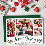 Cartão De Festividades Caligrafia moderna 5 Foto Natal Verde<br><div class="desc">Modern Fun Calliographic 5 Photo Family Collage O Cartão de Natal Merry inclui Watercolor Christmas Holly Berries - Script Verde</div>