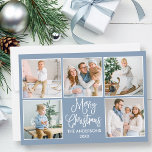 Cartão De Festividades Caligrafia moderna Azul 5 Foto Natal<br><div class="desc">Cláusula de Caligrafia Moderna Roteiro Feliz Natal 5 Cartão de Férias de Colagem de Fotos - Fundo Azul Dusty</div>
