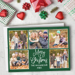 Cartão De Festividades Caligrafia moderna Green 5 Photo Christmas<br><div class="desc">Folha de Natal Feliz 5 - Folha de Férias de Colagem de Fotos - Fundo Verde Florestal</div>
