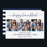 Cartão De Festividades Caligrafia Moderna Hanukkah 3 Foto Blue Strips<br><div class="desc">Modern Trendy Calliographic 3 Photo Family Collage Happy Hanukkah Card - Marinho Blue e White Strips Back</div>