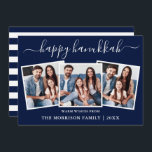 Cartão De Festividades Caligrafia Moderna Hanukkah Blue Stripes 3 Foto<br><div class="desc">Modern Trendy Calliographic 3 Photo Family Collage Happy Hanukkah Card - Marinho Blue e White Strips Back</div>