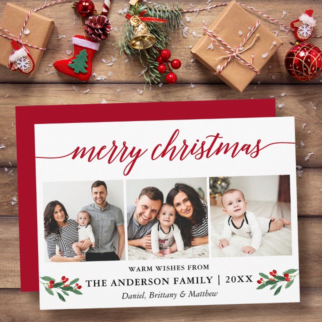 Cartão De Festividades Caligrafia Moderna Holly Christmas 3 Photo Red (Customize to add text to back or to change color of back of card.)