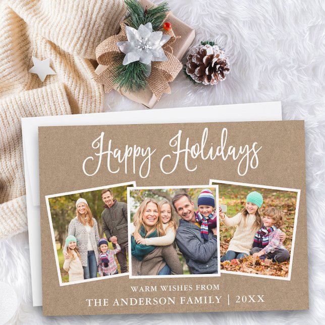 Cartão De Festividades Caligrafia moderna Kraft 3 Fotos (Customize to add text to back of card.)