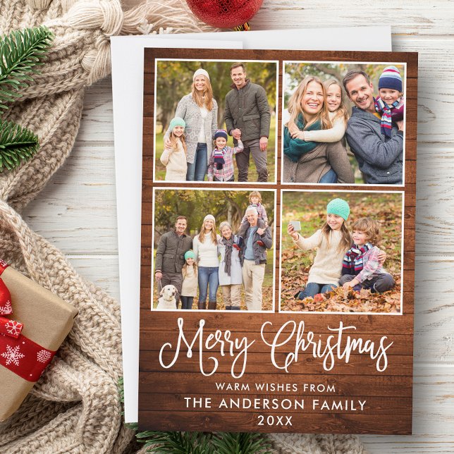 Cartão De Festividades Caligrafia Moderna Madeira de Natal 4 Fotos (Customize to add text to back of card.)