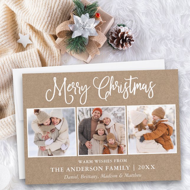 Cartão De Festividades Caligrafia moderna Natal 3 Foto Kraft (Customize to add text to back of card.)
