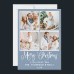 Cartão De Festividades Caligrafia moderna Natal 4 Fotos Azul<br><div class="desc">Cartão de Natal Feliz 4 - Azul Dusty</div>