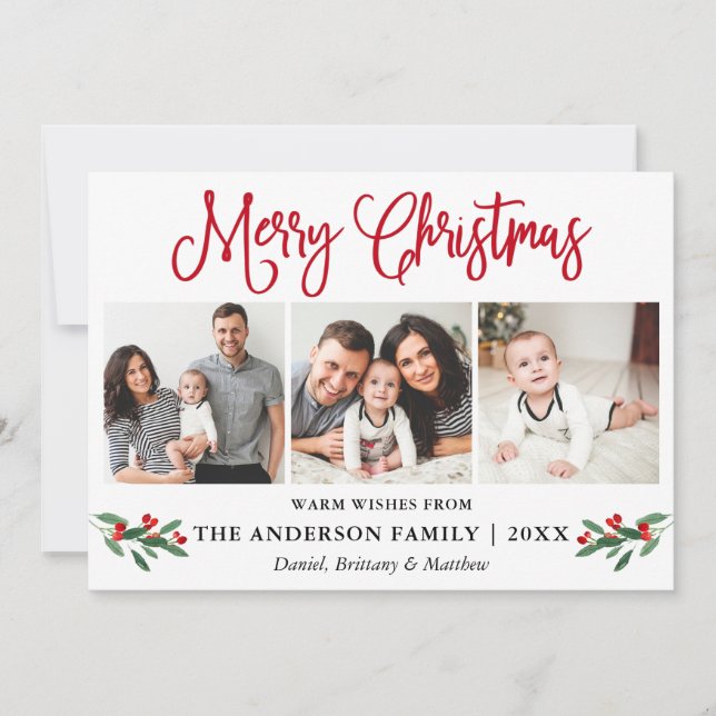 Cartão De Festividades Caligrafia moderna, Natal Red Holly 3 Foto (Frente)