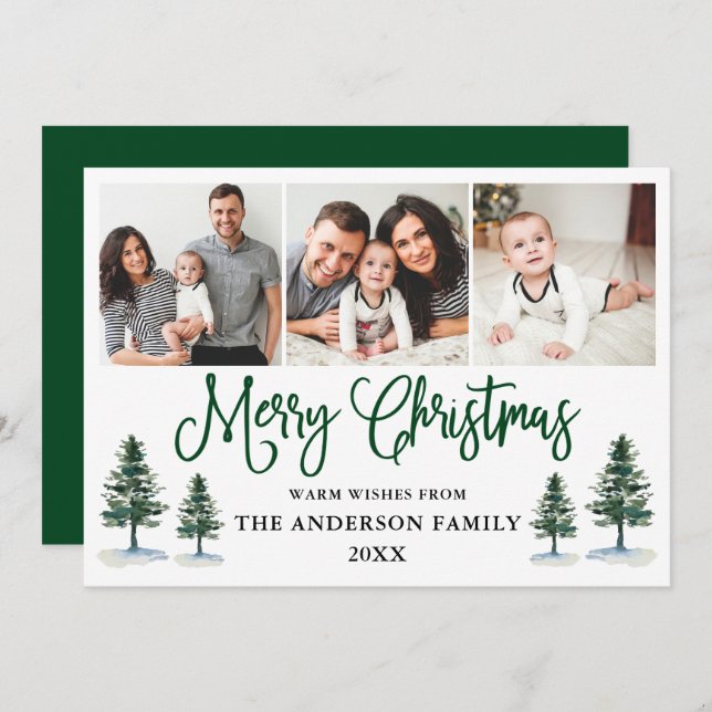 Cartão De Festividades Caligrafia moderna Pines Foto do Natal Verde (Frente/Verso)