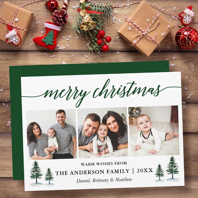 Cartão De Festividades Caligrafia Moderna Pines Natal 3 Foto Verde (Customize to add text or more photos to back or to change color of back of card.)