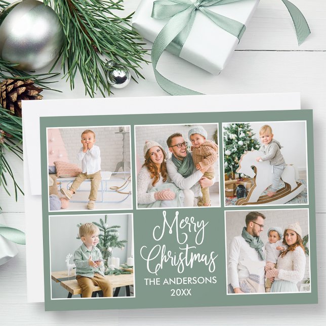 Cartão De Festividades Caligrafia moderna - Sábio Verde 5 Foto Natal (Customize to change background color of card or to add text to back of card.)