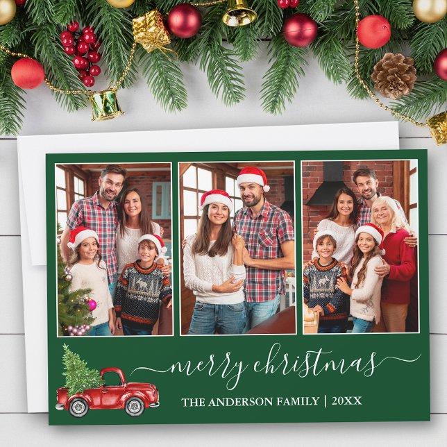 Cartão De Festividades Caligrafia Natal 3 Foto Red Truck Green (Customize to add text to back of card.)