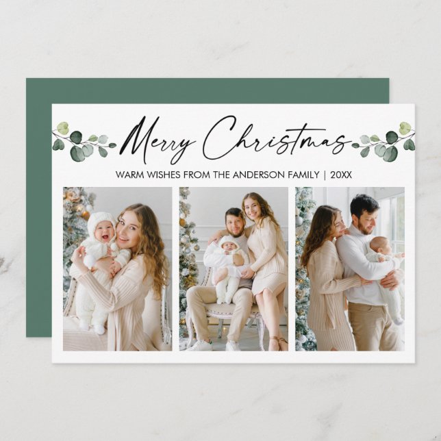 Cartão De Festividades Caligrafia natalícia Aquarela Eucalyptus (Frente/Verso)