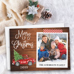 Cartão De Festividades Caligrafia natalícia Truck Artesanato<br><div class="desc">Caligrafia moderna Script Watercolor Vintage Red Truck com Árvore de Natal,  Estilo de Câmera Instantânea Foto Feliz Cartão de Natal - Madeira Rústica e Fita de Artesanato Vermelha e Branca Strike</div>