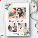 Cartão De Festividades Caligrafia Red Ink 3 Foto Greenery Berries<br><div class="desc">A Caneta de Tinta Mínima Moderna de Elegância Caligráfica Manuscrita Manuscrita Manuscrita Manuscrita de Feliz Natal 3 Cartão de Feriado Fotográfico inclui o Elegante Watercolor Greenery,  Eucalyptus Leaves e Holly Berries. Script Vermelho.</div>