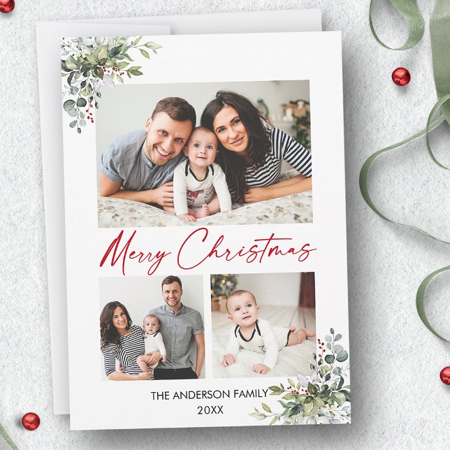 Cartão De Festividades Caligrafia Red Ink 3 Foto Greenery Berries (Customize to change your personalized text size or text style.)
