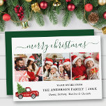 Cartão De Festividades Caligrafia Red Truck 3 Fotografia Verde<br><div class="desc">Cláusula de Caligrafia Moderna Colagem de Fotografias da Família Fotográfica Cartão de Natal Merry inclui Watercolor Vintage Red Truck com Árvore - Script Verde Florestal</div>
