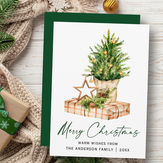 Cartão De Festividades Caligrafia Script Watercolor Pines Verde (Customize to change your personalized text size, style or change color of back of card.)
