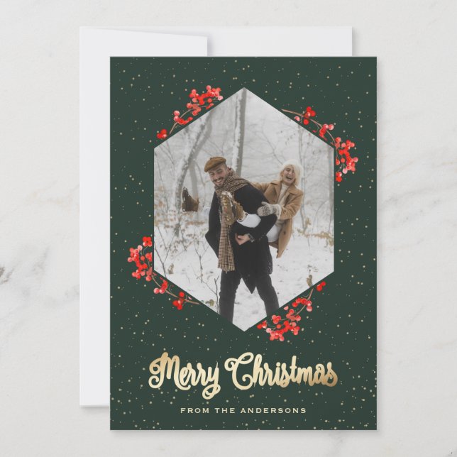 Cartão De Festividades Caligrafia Verde Berries Vermelho Foto de Neve Nat (Frente)