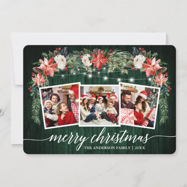 Cartão De Festividades Caligrafia Verde Madeira Aquarela Floral 3 Foto (Frente)