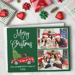 Cartão De Festividades Caligrafia Vintage Truck 2 Fotografia Verde<br><div class="desc">Roteiro de Caligrafia Moderno Feliz Natal 2 Cartão de Férias - Caminhão Vermelho Vintage com Cores de Água com Árvore de Natal - Fundo Verde Florestal</div>