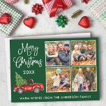 Cartão De Festividades Caligrafia Vintage Truck 4 Fotografia Verde<br><div class="desc">Folha de Natal Feliz 4 Cartão de Férias de Brincadeira Moderna - Caminhão Vermelho Vintage Vintage com Árvore de Natal - Fundo Verde Florestal</div>