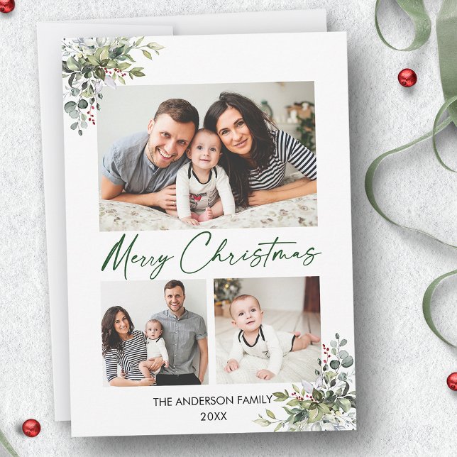 Cartão De Festividades Calligrafia Tinta Verde 3 Foto Greenery Berries (Customize to change your personalized text size or text style.)