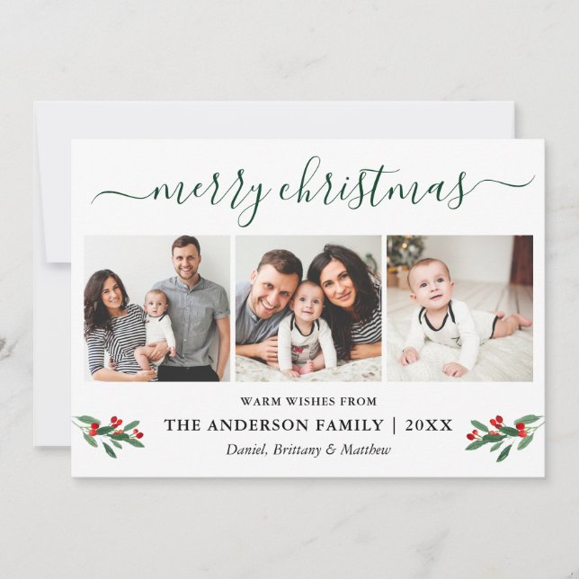 Cartão De Festividades Calligrafia Verde Feliz Natal Holly 3 Foto (Frente)