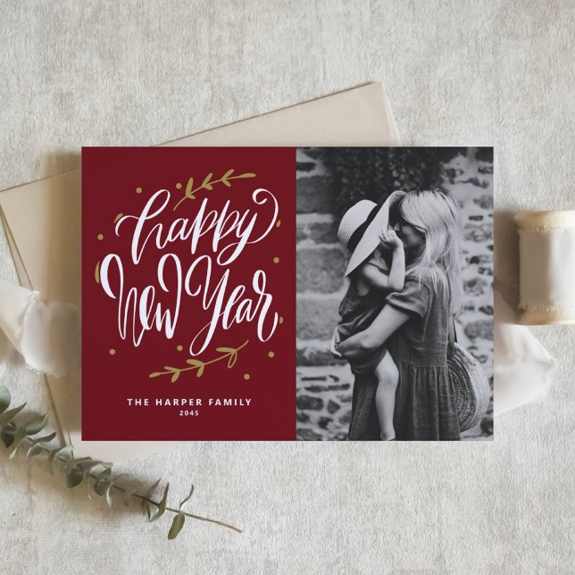Cartão De Festividades Calligraphy and Wreath New Year Photo Burgundy (Customizable burgundy photo Happy New Year card featuring modern calligraphy and wreath.)