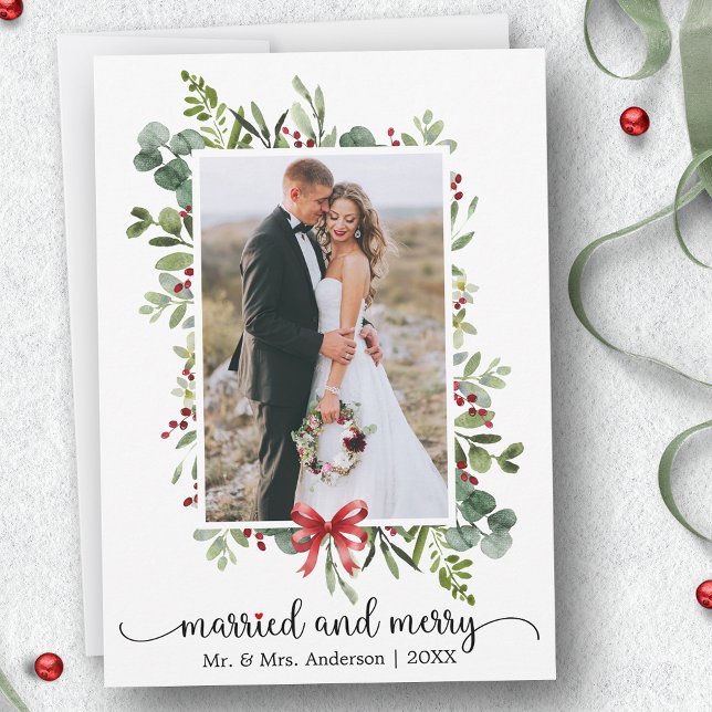 Cartão De Festividades Calligraphy Heart Married and Merry Red Bow Photo (Customize to change your personalized text size or text style.)