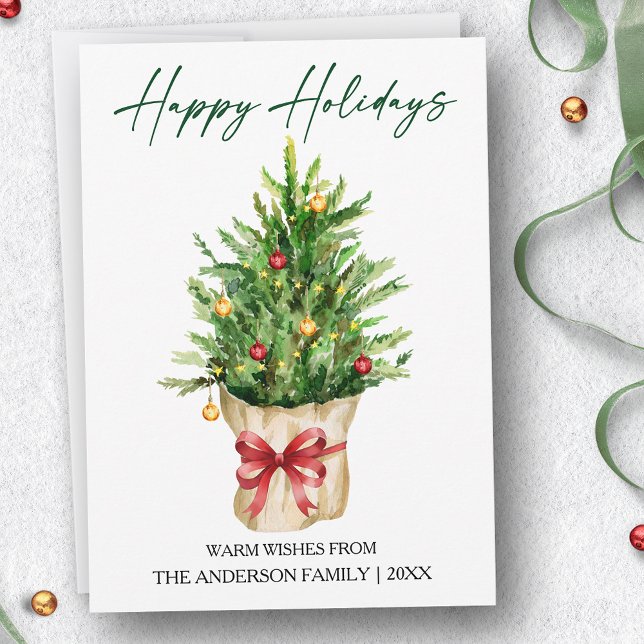 Cartão De Festividades Calligraphy Ink Watercolor Pine Red Bow (Customize to change your personalized text size or text style.)