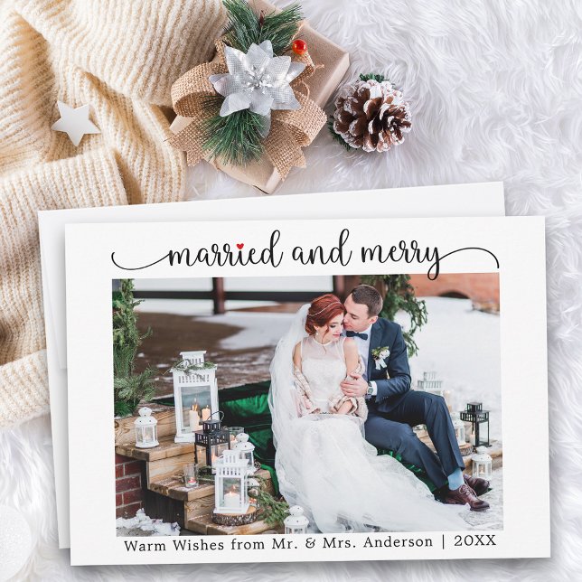 Cartão De Festividades Calligraphy Red Heart Married and Merry Photo (Customize to change your personalized text size or text style.)