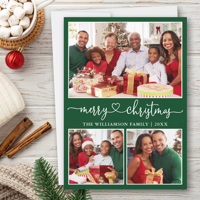 Cartão De Festividades Calliografia Coração Feliz Natal Verde 3 Foto (Customize to add text to back of card.)