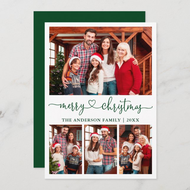 Cartão De Festividades Calliografia Coração Roteiro Natal 4 Foto Verde (Frente/Verso)